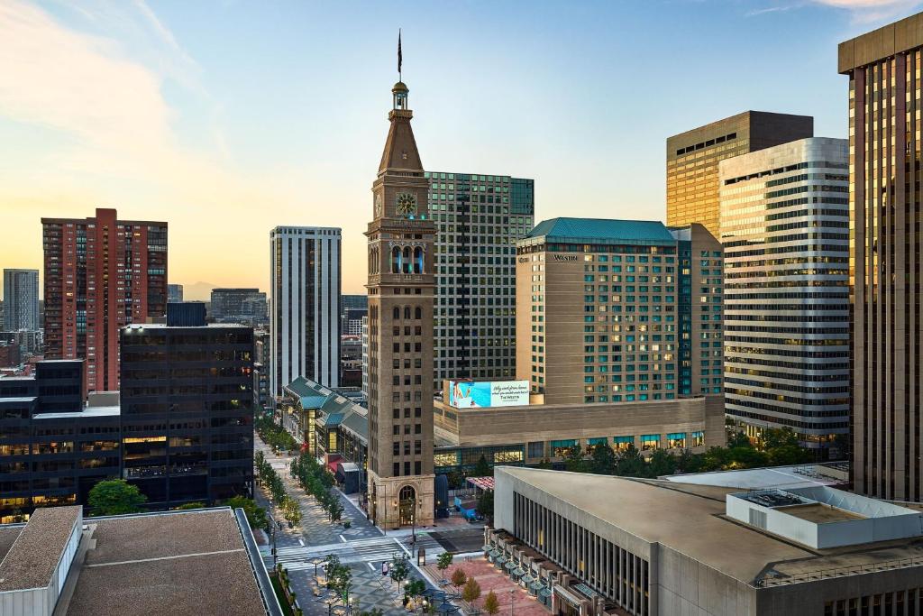 a view of a city skyline with a clock tower at The Westin Denver Downtown in Denver