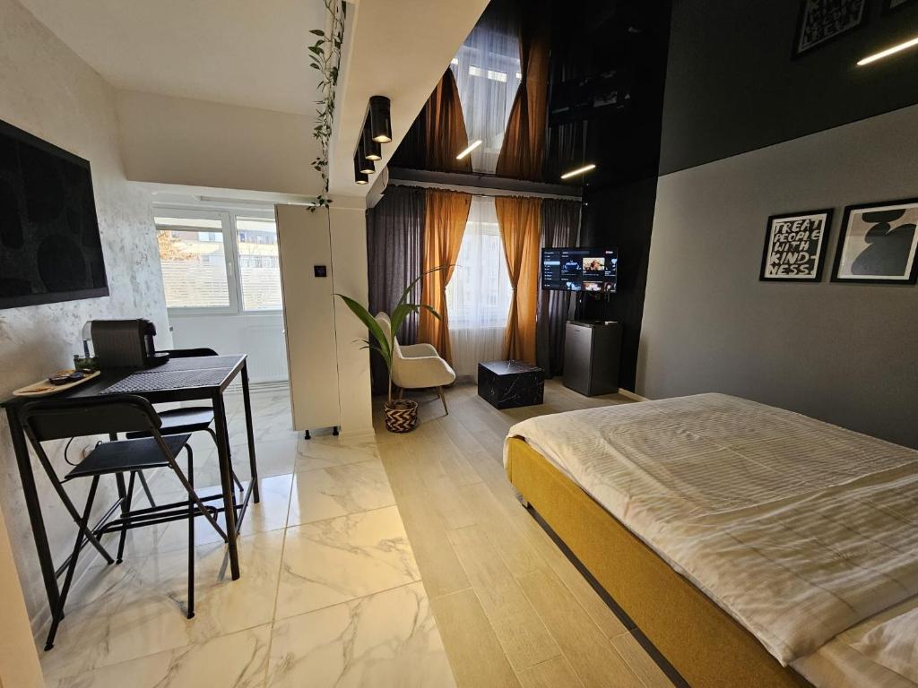 Un dormitorio con una cama, un escritorio y una mesa. en Zet Studio, en Brăila