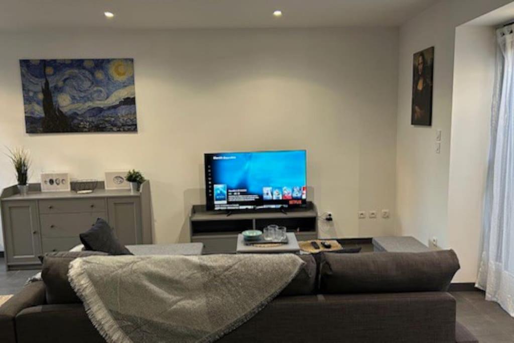 un salon avec un canapé et une télévision à écran plat dans l'établissement Chaleureuse maison hyper centre, à Castelnau-de-Médoc