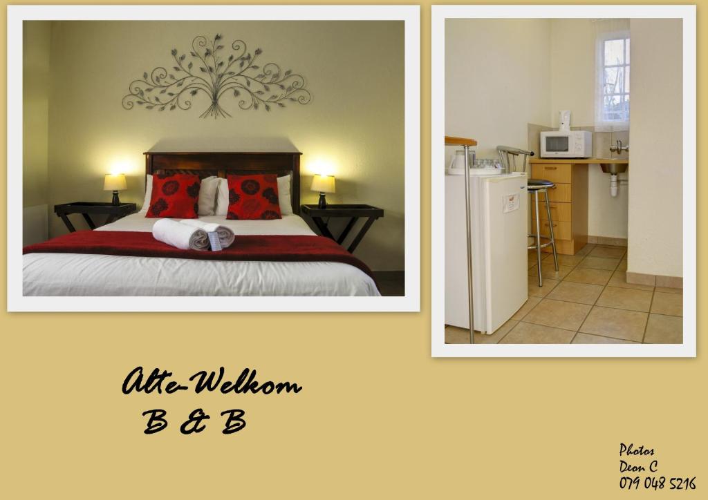 Alte Welkom Guesthouse في كليركسدروب: صورتين لغرفة نوم مع سرير ومطبخ