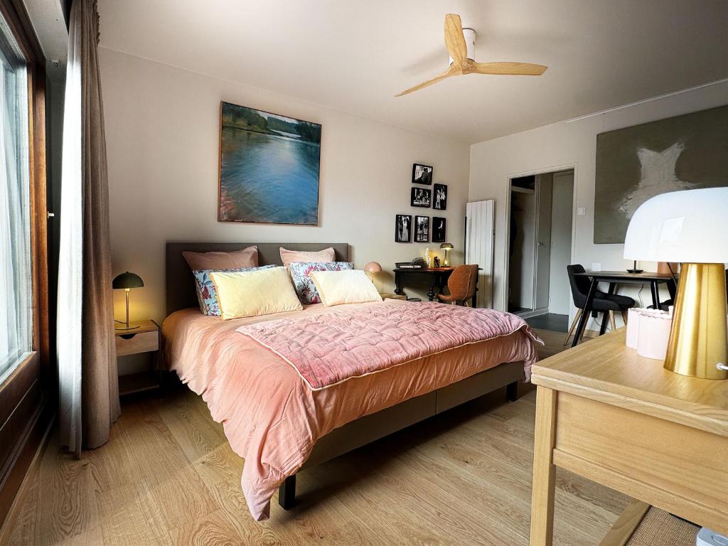 une chambre avec un lit et un ventilateur de plafond dans l'établissement Le Petit Zix - Cosy et Terrasse, Petite France, à Strasbourg