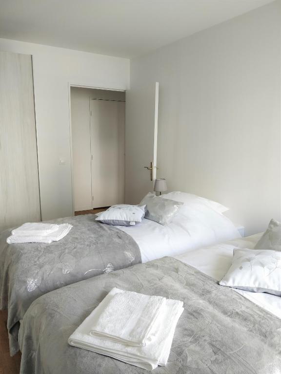 - 2 lits avec serviettes dans une chambre dans l'établissement Chez Charlotte, à Chessy