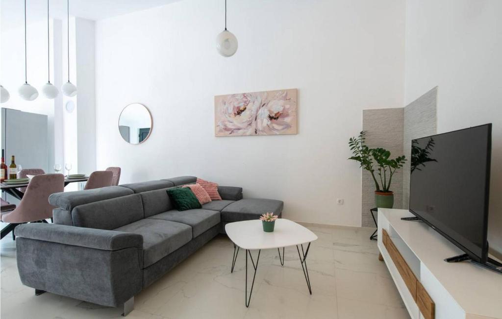 un soggiorno con divano grigio e TV di Casa Briscola a Marčana