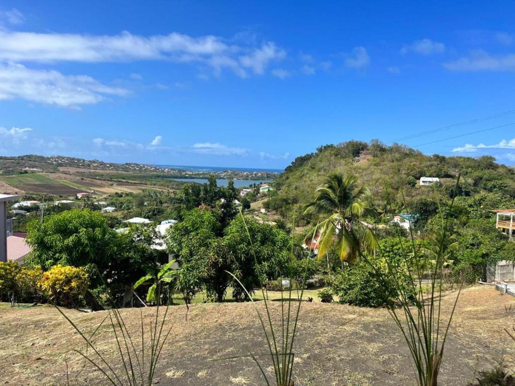 ル・ヴォクランにあるLes locations de Miche 2chの木々と市街の丘の景色