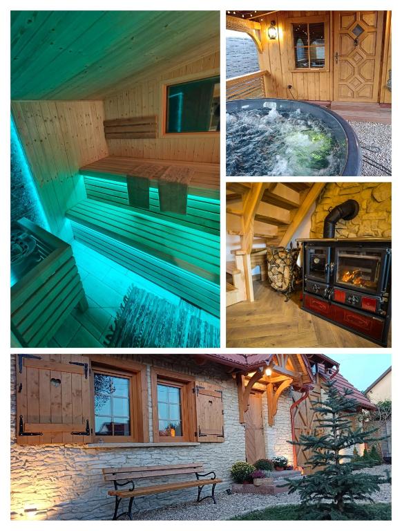 a collage of pictures with a bench and a house at Azyl nad Nidą in Rębów