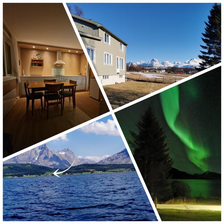 a collage of four pictures of a house with the northern lights at Arctic Cabin Lyngen in Svensby