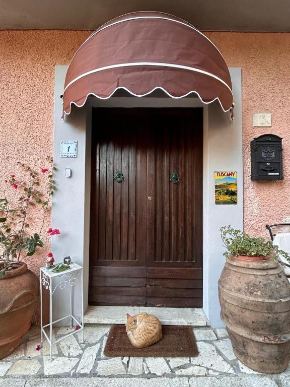 a cat sitting on a rug in front of a door at Alla Meria in Castiglione della Pescaia