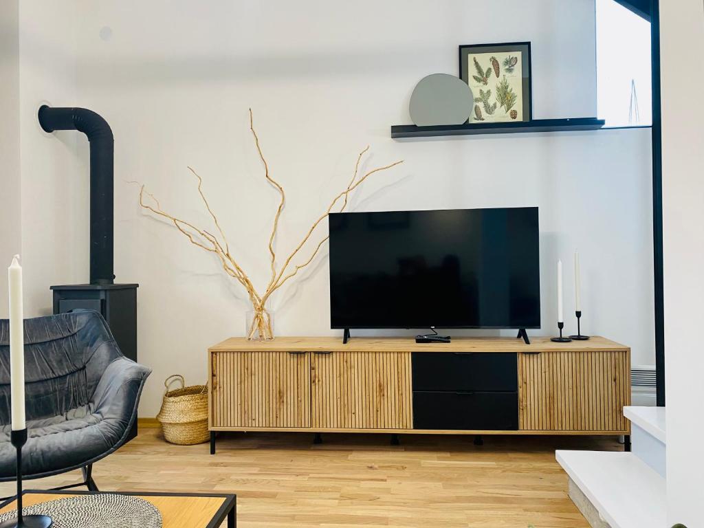 a living room with a television on a wooden entertainment center at Tornik view villa Zlatibor 2 in Ribnica