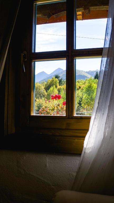 a window with a view of a field of flowers at La poale de munte in Vistisoara