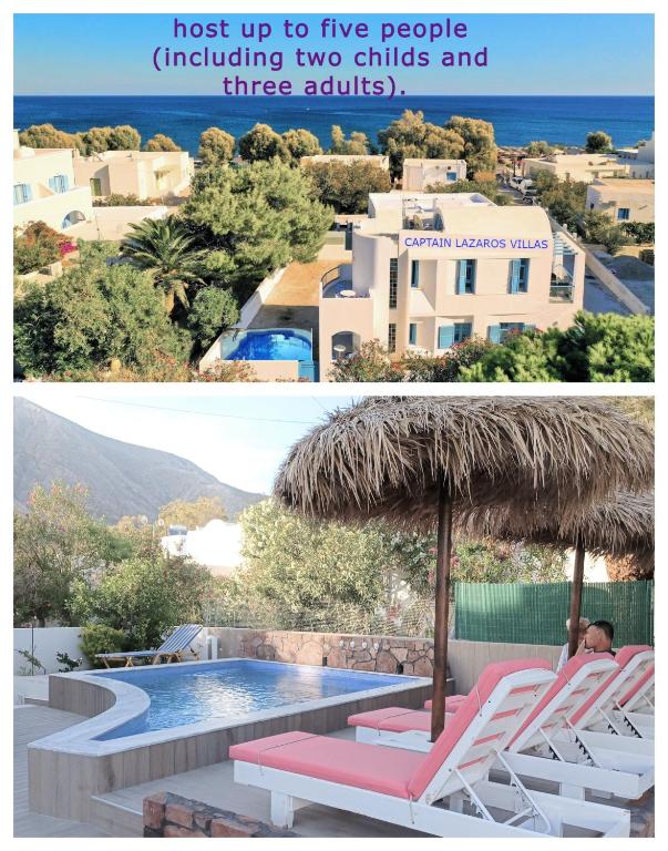 Basen w obiekcie Located by the sea one beachfront Private Captain Lazaros Pool Villa with loft in 750sqm spacious private plot-Jacuzzi-sunrelax-furnished terace-gazebo-private parking,sleep 3 adults and 2 children, just steps from the Black Beach-Seaview lub w pobliżu