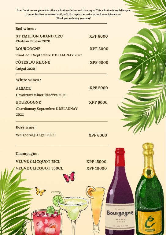 a menu of drinks and cocktails with palm leaves at Ononui Lodge Airport, Ocean-View, Private Bathroom and Balcony, Free WiFi and Parking, On-Site Car Rental in Faaa