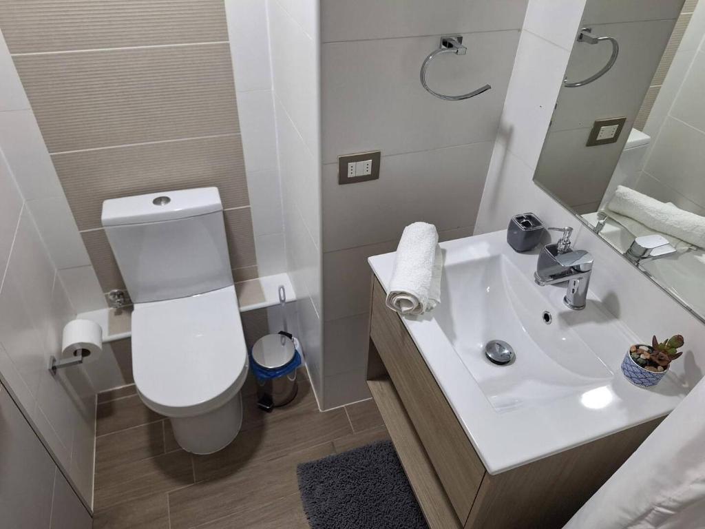 a bathroom with a white toilet and a sink at Reñaca I Nuevo I Luminoso I Circuito Trekking in Viña del Mar