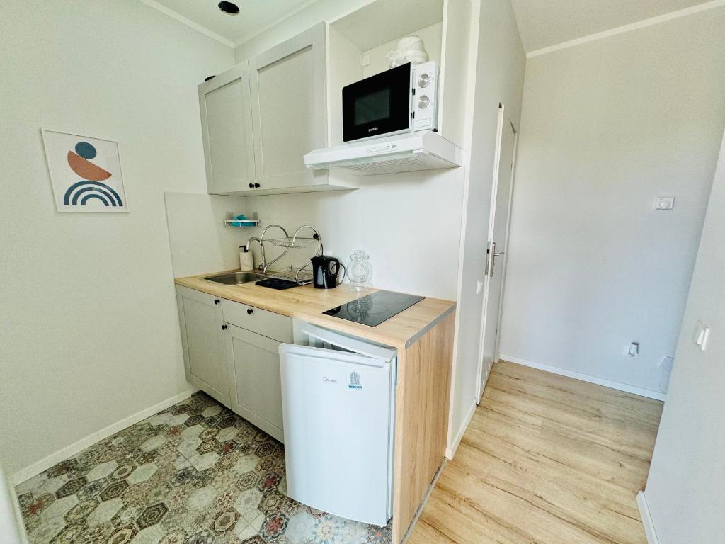 eine kleine Küche mit Spüle und Mikrowelle in der Unterkunft Przy Parku Róż II in Chorzów