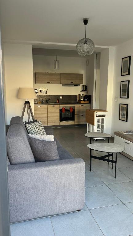 un salon avec un canapé et une table dans l'établissement Appartement T2 - Rez-de-Jardin, proche plage et commerces, à Calvi