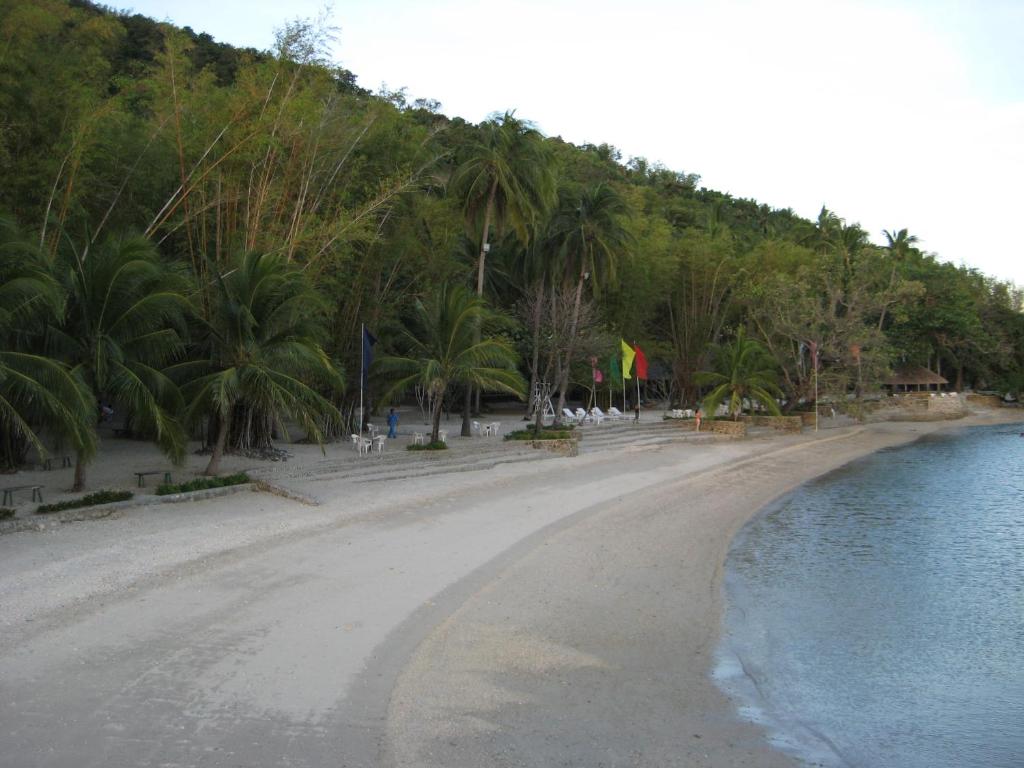 an empty beach with palm trees and the water at Costa Aguada Island Resort, Guimaras in Guimaras