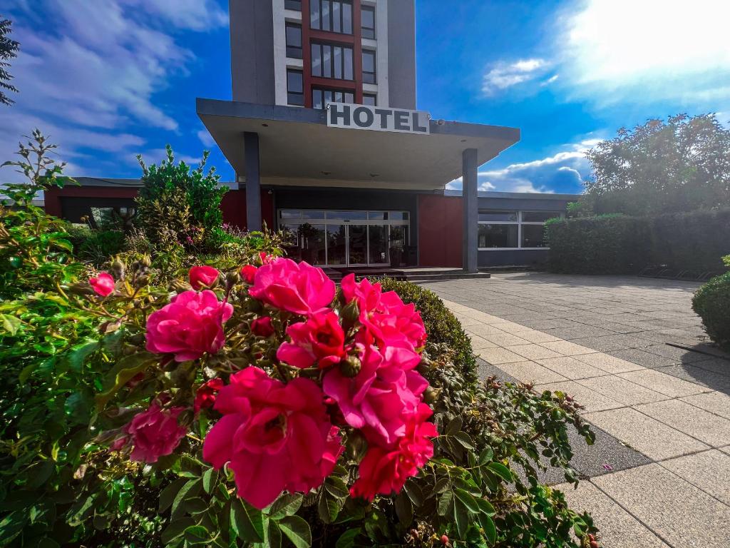 a bunch of pink flowers in front of a hotel at SKYHOTEL Merseburg in Merseburg