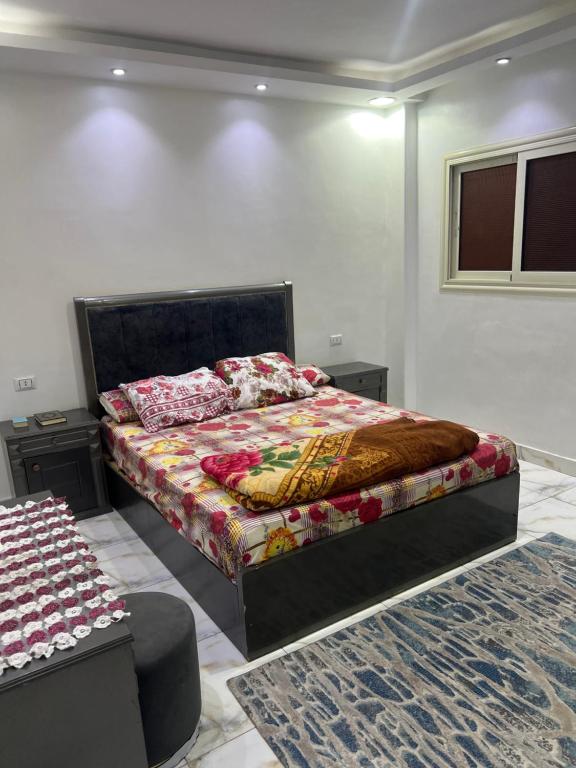 a bedroom with a large bed and a rug at شقة في الدقي in Cairo