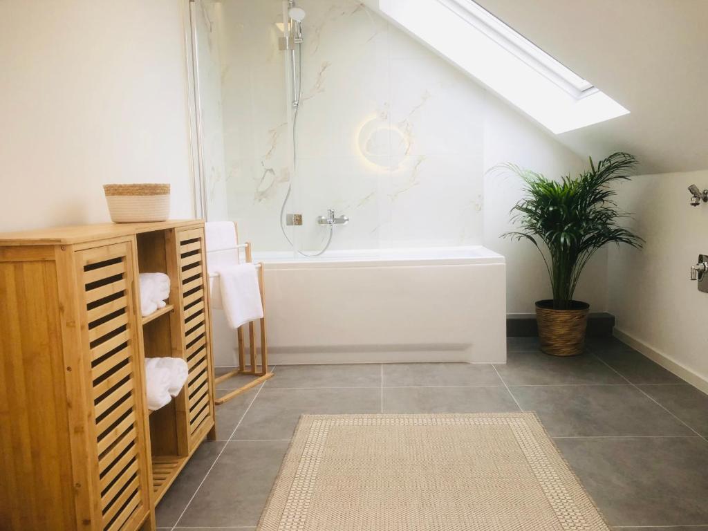 a bathroom with a bath tub and a shower at Dom 007 in Fulda
