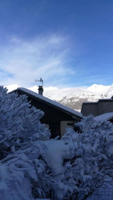 une maison recouverte de neige à côté de quelques arbres dans l'établissement Châlet Les Arcs 1600- Montrigon Funiculaire, à Bourg-Saint-Maurice