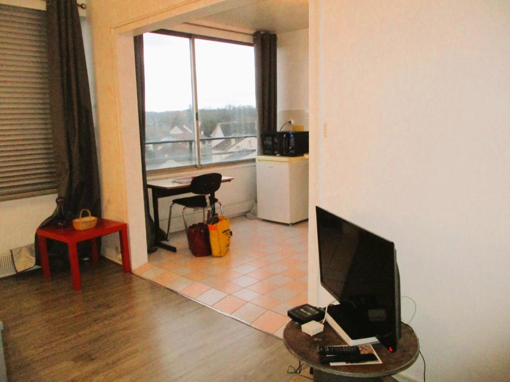 een woonkamer met een groot raam en een televisie bij LIMOGES,LA vue, ascenseur, concierg ! in Limoges