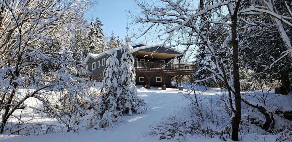Entre Monts et Lac - lac - Lake front & Volleyball في Saint Adolphe D'Howard: منزل في الثلج مع أشجار مغطاة بالثلج