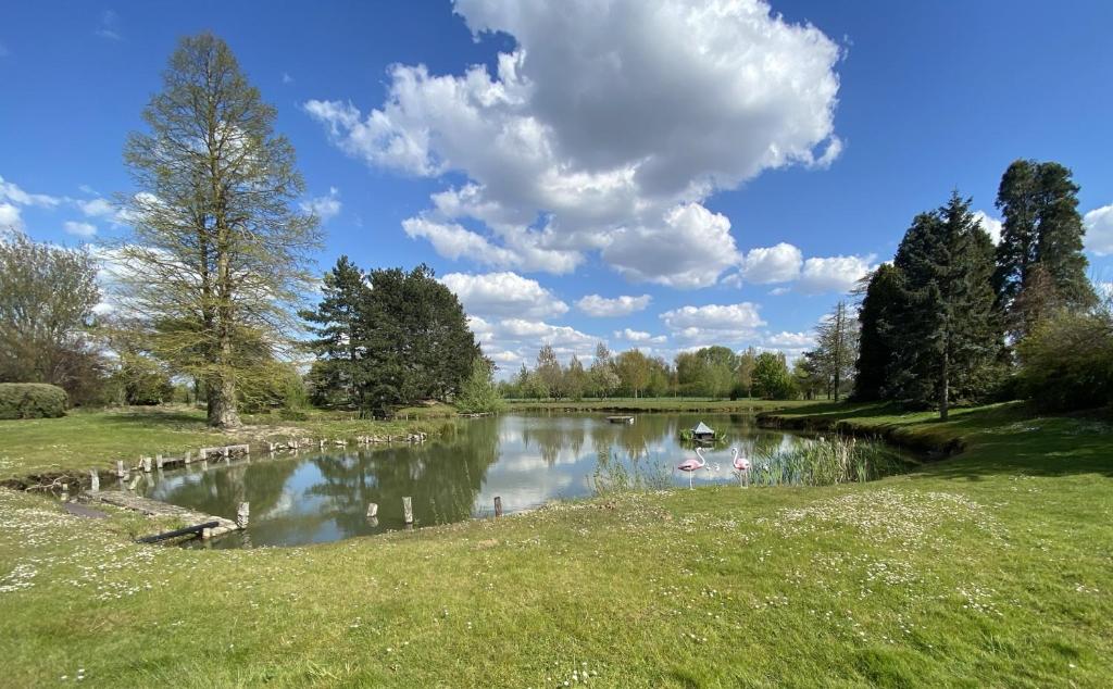 une rivière avec un bateau au milieu dans l'établissement Gîte à la ferme, T2 Weppes, à Pérenchies