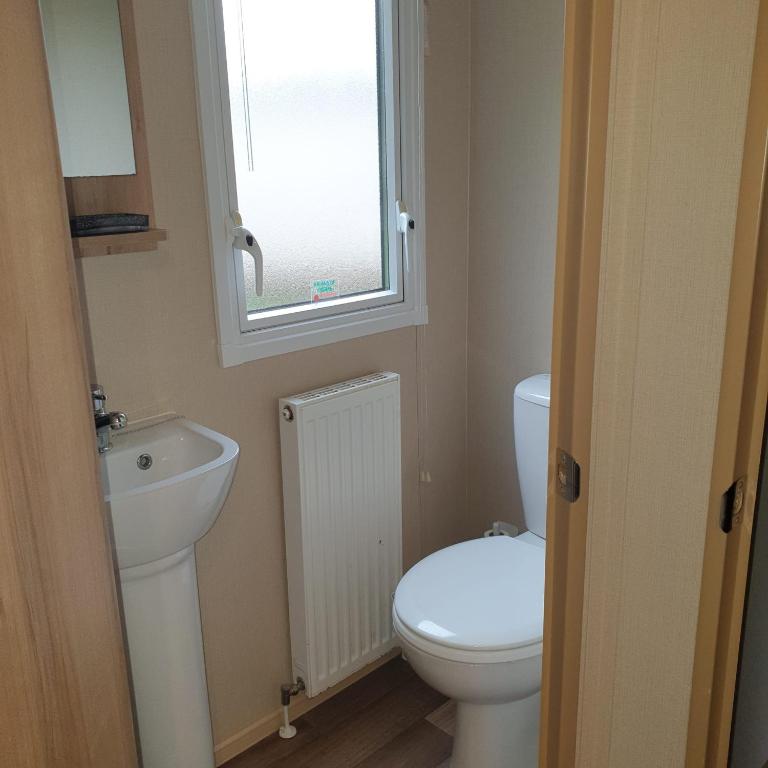 a bathroom with a toilet and a sink and a window at Caravan under the tree in Port Seton