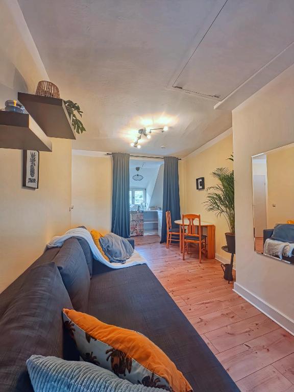 a living room with a large couch in a room at Gemütliches Studio - Dachwohnung mit Blick über das Kinzigtal in Gelnhausen