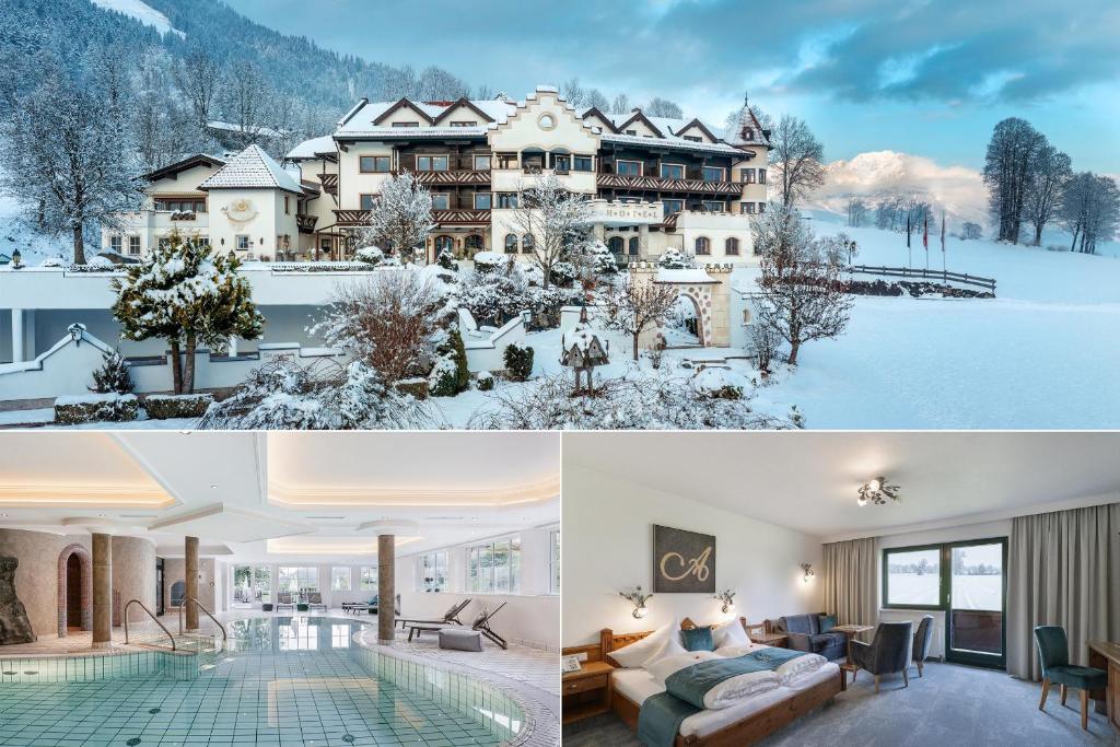 a collage of photos of a house in the snow at Hotel AlpenSchlössl in Söll