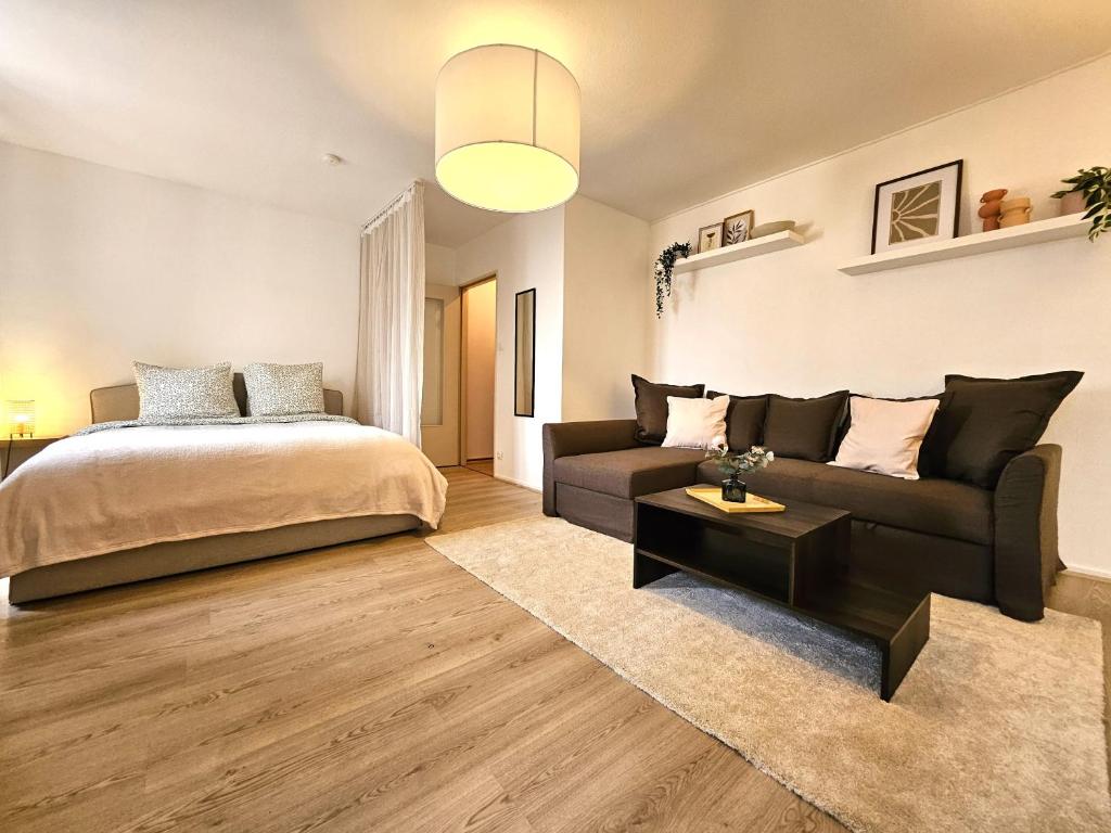 un salon avec un lit et un canapé dans l'établissement Studio Cosy- Hyper Centre Ville, à Colmar