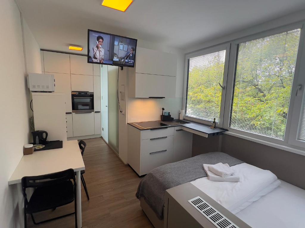 Kuchyň nebo kuchyňský kout v ubytování Apartments 4u: KAMPUS Upstairs Hradec Králové