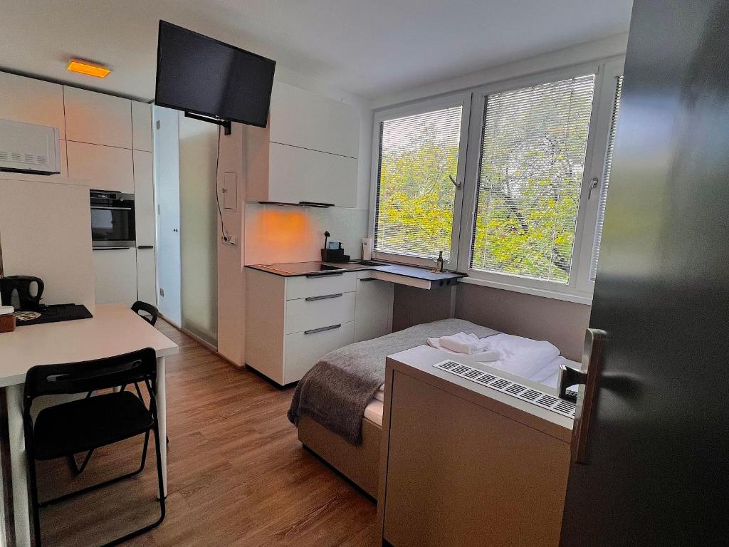 Kuchyň nebo kuchyňský kout v ubytování Apartments 4u: KAMPUS Upstairs Hradec Králové