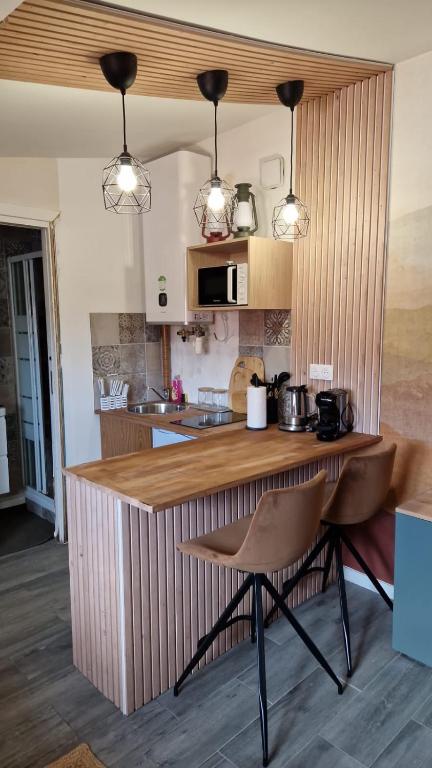 une cuisine avec un comptoir en bois dans une pièce dans l'établissement bel studio paris, pantin, à Pantin