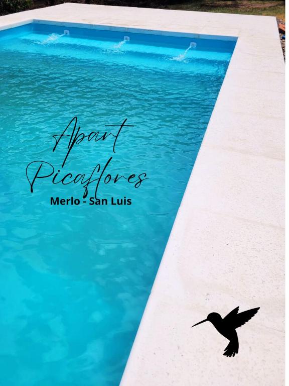 a bird flying over the water next to a swimming pool at Apart Picaflores in Merlo