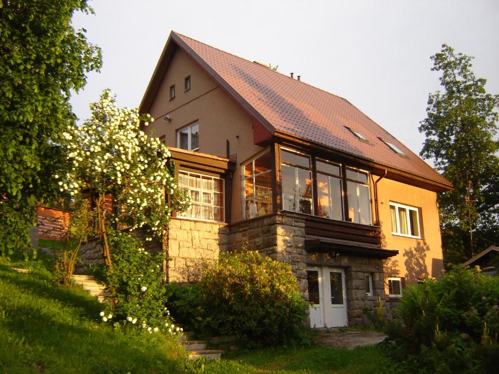 a house with a pitched roof and windows at Apartmány Klárka in Rokytnice nad Jizerou