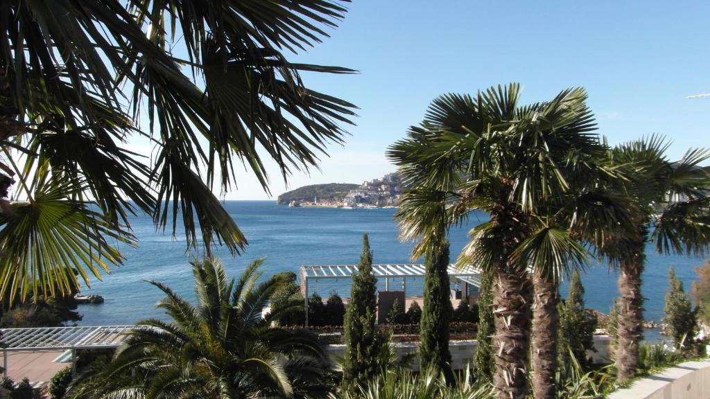 a view of the ocean from a resort with palm trees at Casa Agava Becici in Becici