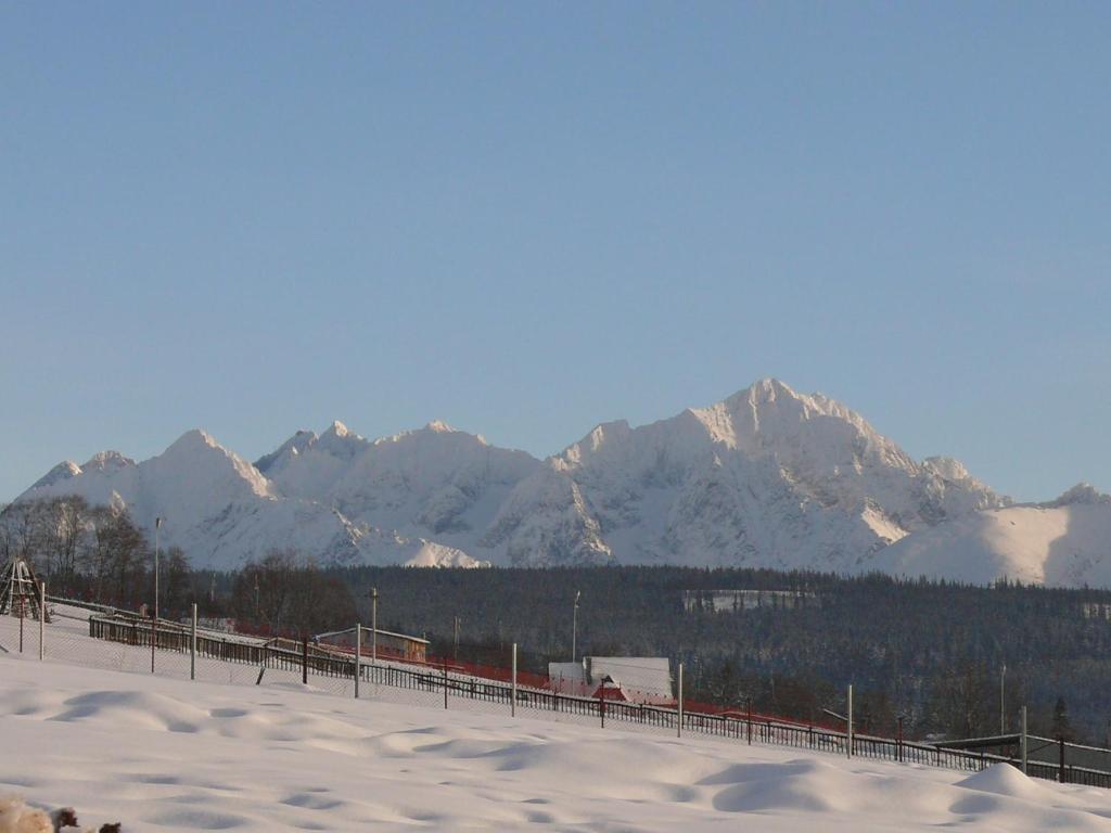 eine schneebedeckte Bergkette mit einem Zaun im Vordergrund in der Unterkunft Anna i Franciszek Żegleń Maćkulok in Małe Ciche