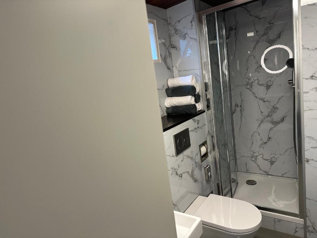 a bathroom with a toilet and a shower at Boat no Breakfast in Amsterdam