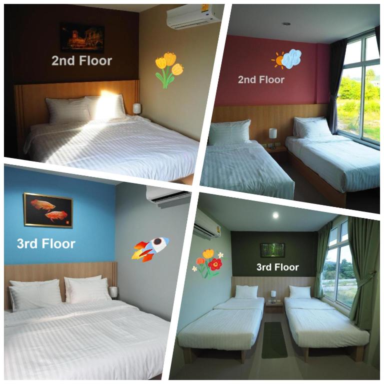 four pictures of a bedroom with two beds and floor at Sleepwell@naiyang in Nai Yang Beach