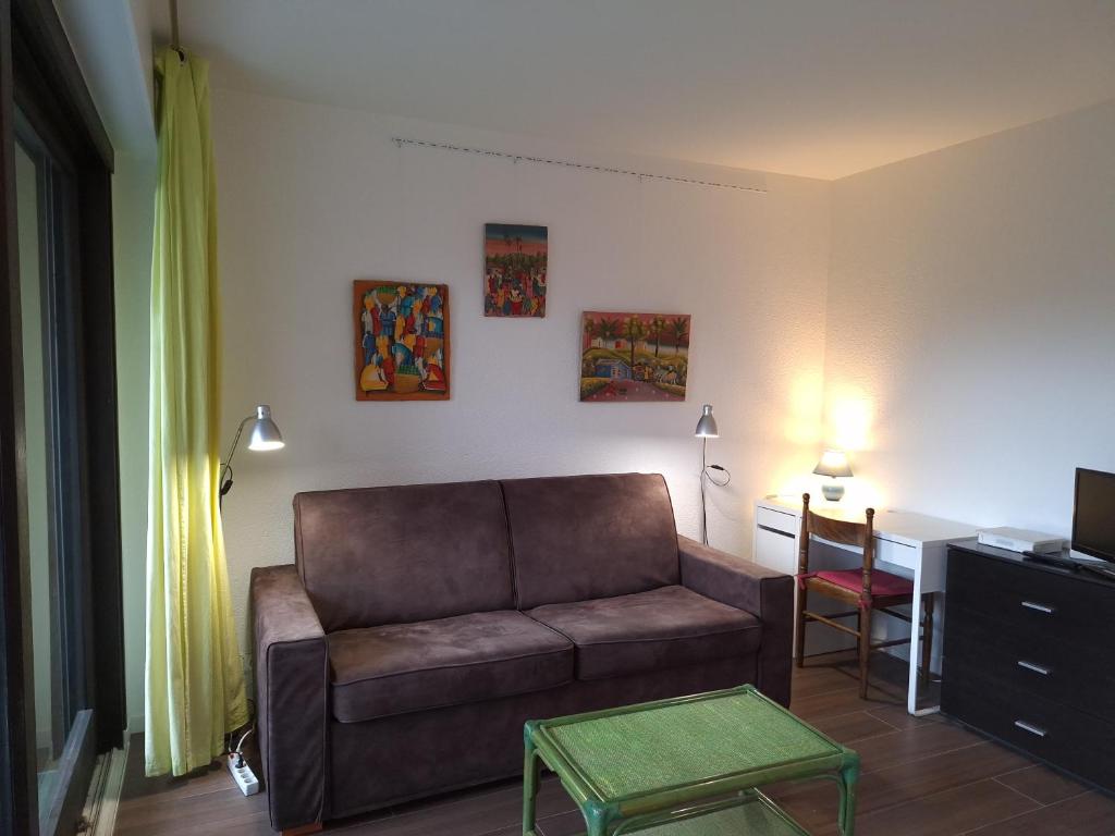 un salon avec un canapé et une table dans l'établissement Charmant studio au calme dans le parc, à Thonon-les-Bains