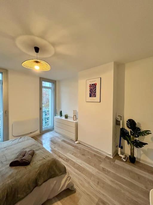 une chambre avec un lit et une plante en pot dans l'établissement Le Douillet, proche gare et métro, à Toulouse