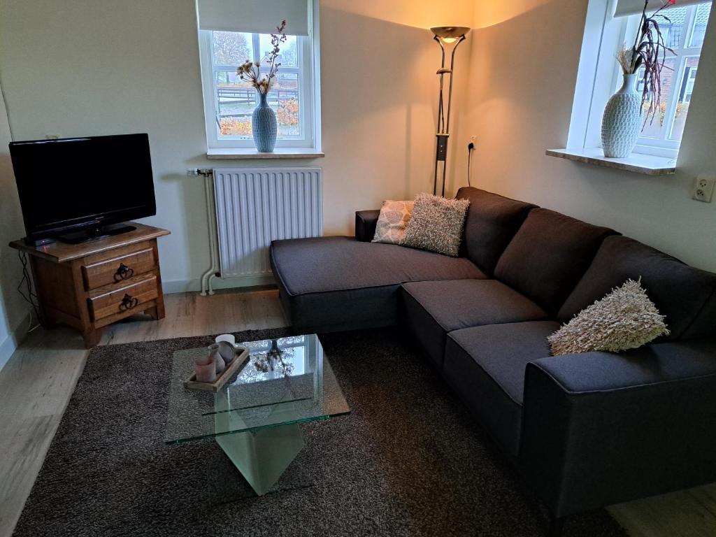 a living room with a couch and a tv at Op ut Schoor in Sint-Oedenrode