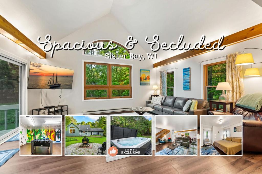 un collage di foto di un soggiorno di Scandia - Hot Tub, Arcade, Dog-Friendly, and Walk to Marina! a Sister Bay