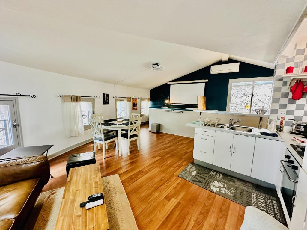 une cuisine et un salon avec un canapé et une table dans l'établissement Merveille du temple, à Bordeaux