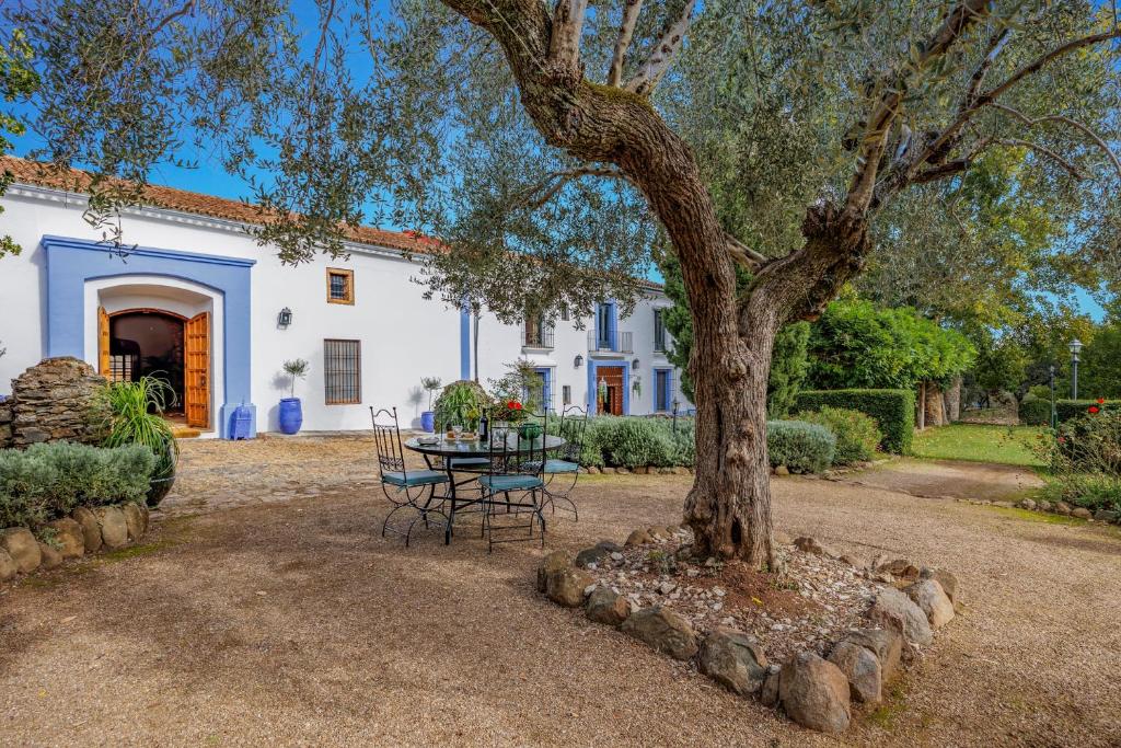 un tavolo e sedie sotto un albero di fronte a una casa di Molino Fuentesanta ad Aracena