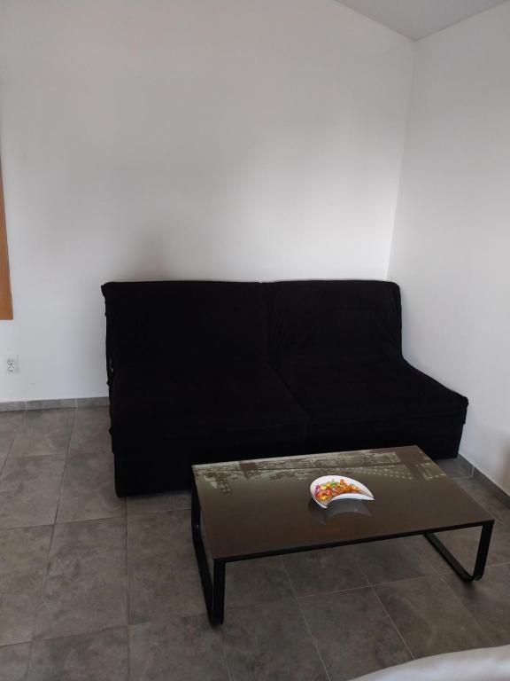 a black couch with a table in a living room at LIBERO APARTMANI in Surčin