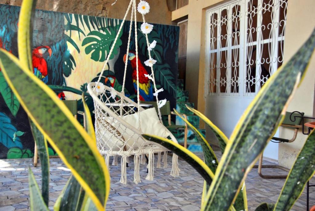 a swinging chair in a room with a colorful wall at Tambarina Guest House in Mindelo