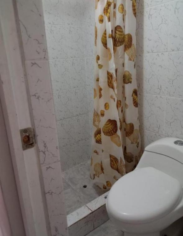 ein Badezimmer mit Toilette und Duschvorhang in der Unterkunft La casa de Lulu in Miraflores