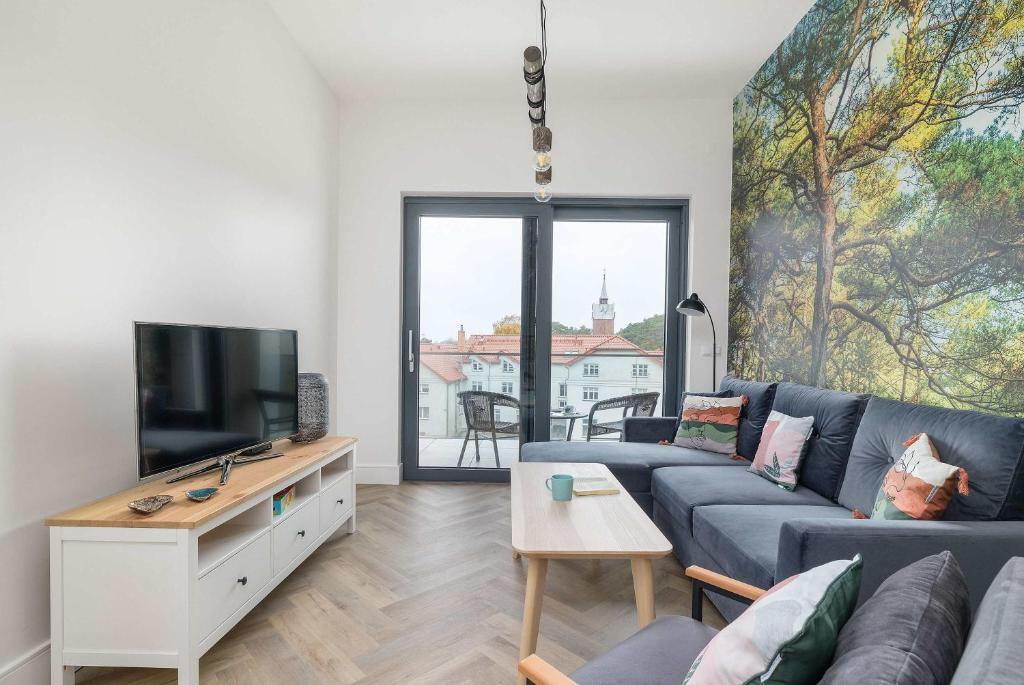 Una sala de estar con un sofá y un televisor. en Prestiżowy Apartament Baltic Sand 300 m od Plaży Mrzeżyno by Noclegi Renters, en Mrzeżyno