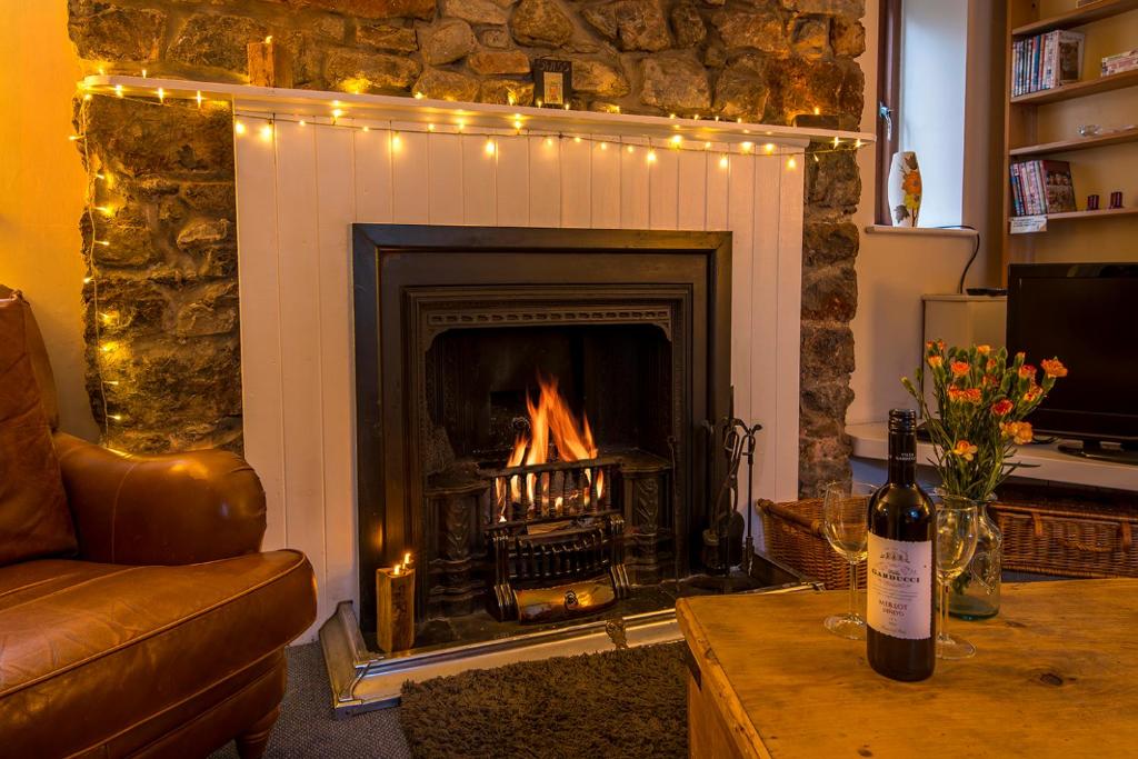 ein Wohnzimmer mit Kamin mit Kamin in der Unterkunft Swiss Cottage in Tenby